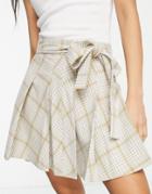 Miss Selfridge Tie Front Pleated Kilt Mini Skirt In Stone Check-neutral