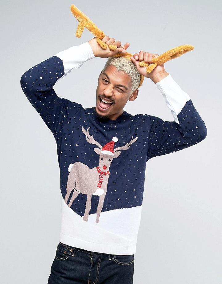 Asos Foundation Holidays Sweater With Reindeer Snow Scene - Navy