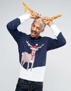 Asos Foundation Holidays Sweater With Reindeer Snow Scene - Navy