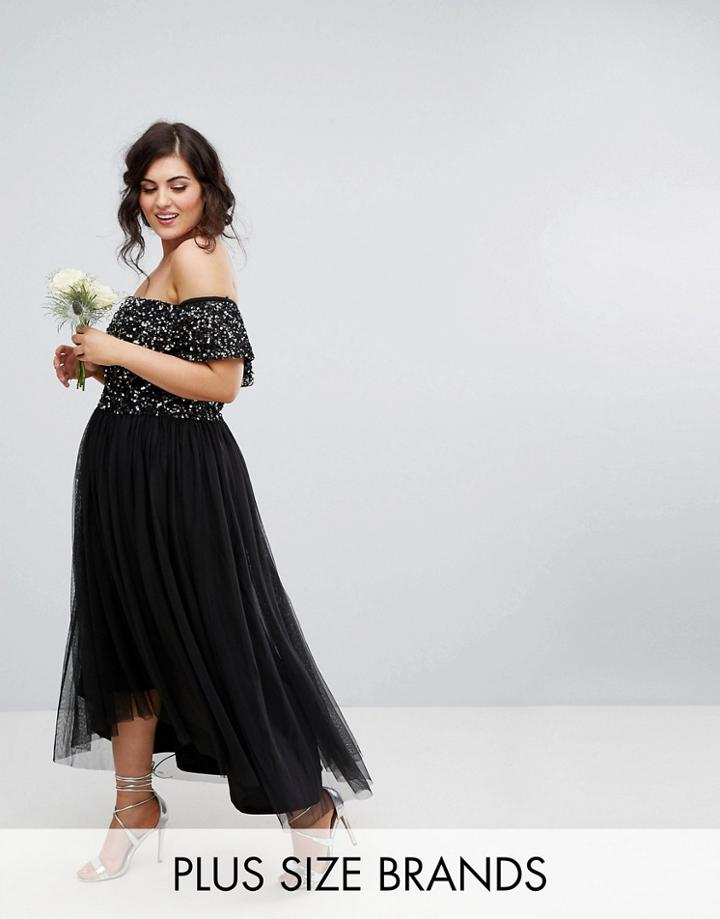 Maya Plus Bardot Midi Dress In Tonal Delicate Sequin With Tulle Skirt - Black