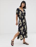 Weekday Printed V-neck Midi Dress With Tie Waist Detail In Ink Shell Print - Multi
