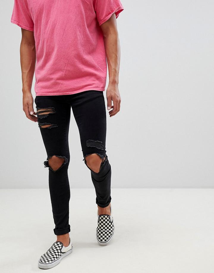 Mennace Super Skinny Jeans In Black With Distressing - Black
