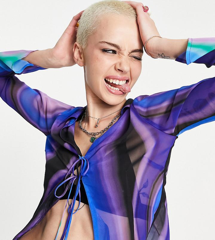 Collusion Sheer Tie Detail Wavy Print Shirt In Blue - Part Of A Set
