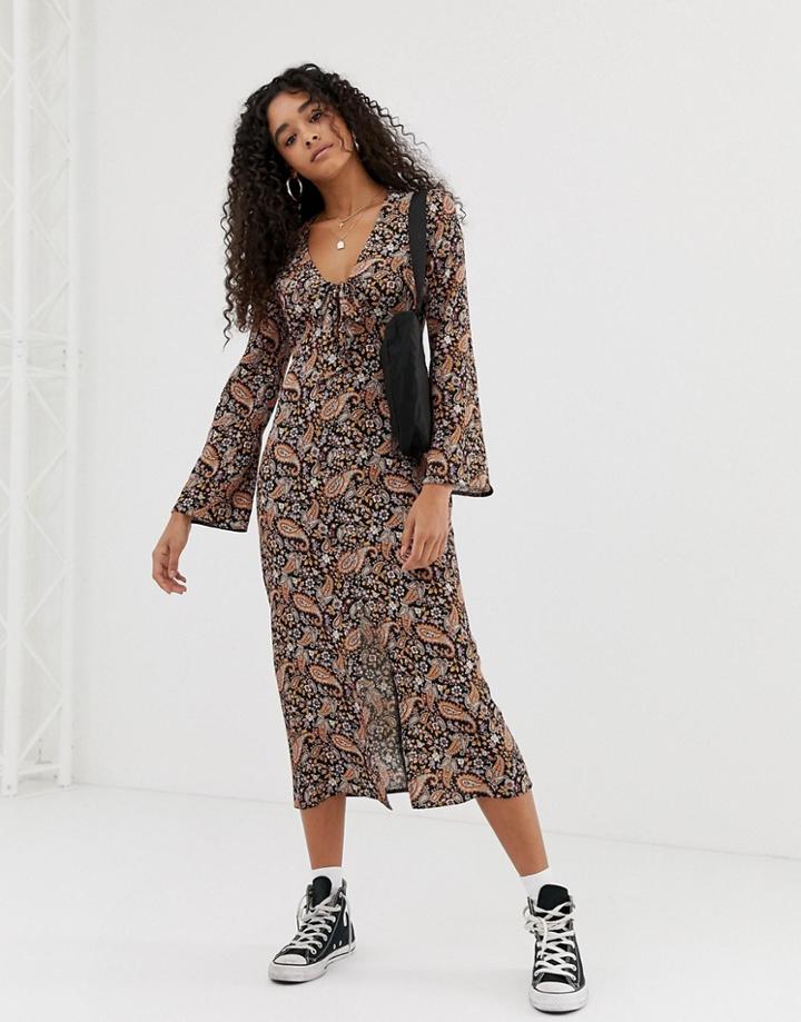 Nobody's Child Tie Front Max Dress In Boho Paisley - Black