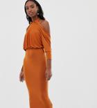 Asos Design Tall Slinky High Neck Blouson Sleeve Open Back Midi Dress - Brown
