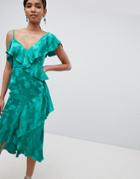Asos Design Occasion Ruffle Midi Dress In Satin Jacquard - Green