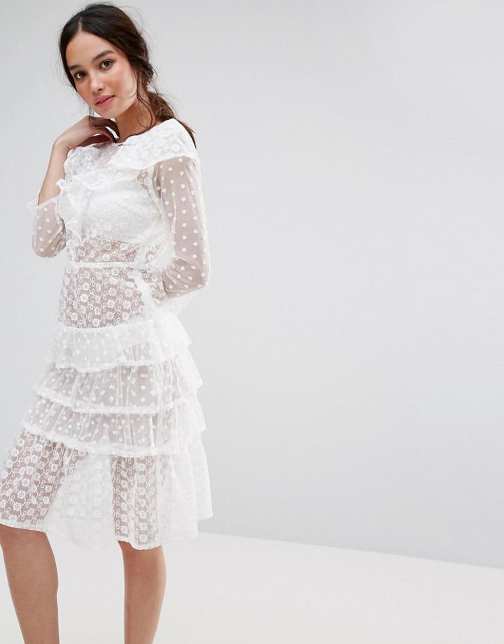 Missguided Tiered Ruffle Midi Dress - White