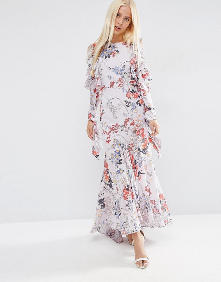 Asos Cold Shoulder Long Sleeve Ruffle Maxi Dress In Gray Floral - Gray