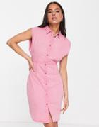 Noisy May Denim Mini Shirt Dress In Washed Pink