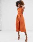 Asos Design High Neck Midi Pleated Prom Dress-orange