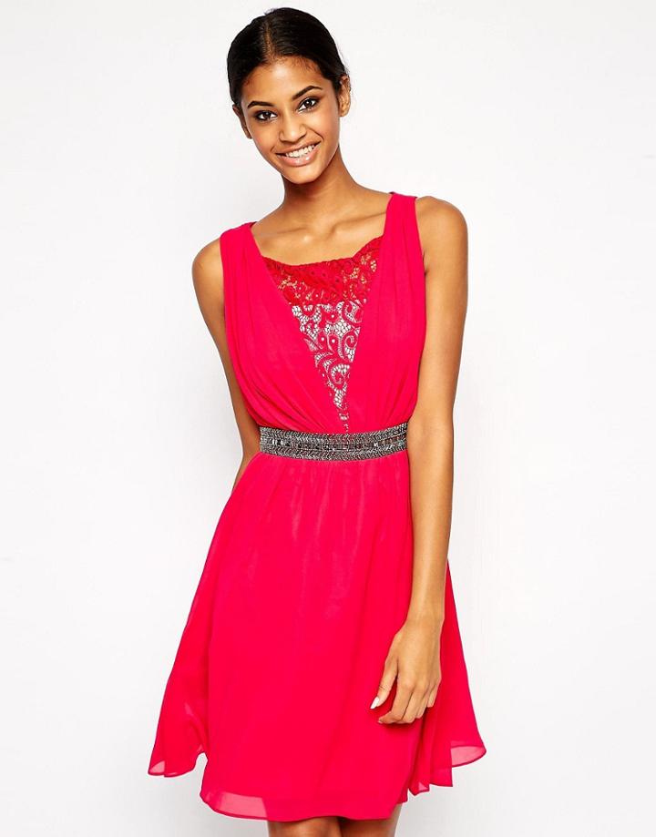 Little Mistress Lace Prom Dress With Embellished Waist - Red