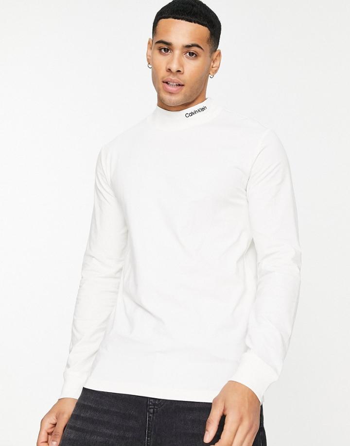 Calvin Klein High Neck Logo Stretch Slim Fit Long Sleeve Top In Cream-white