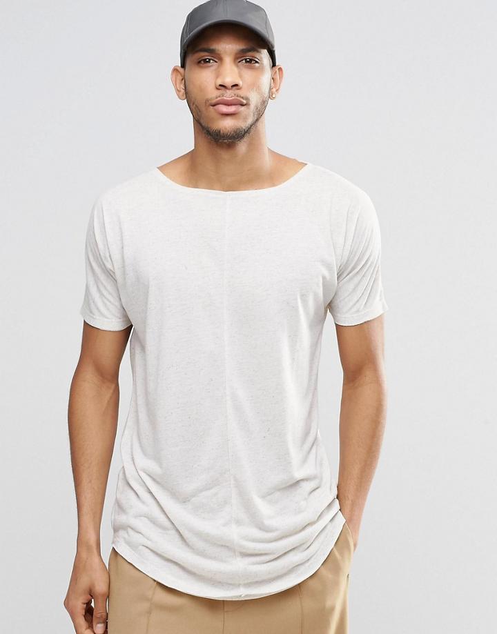 Asos Super Longline T-shirt With Raw Edges In Linen Mix Fabric With Boat Neck - Oatmeal