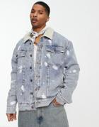 Liquor N Poker Oversized Denim Jacket In Midwash Blue With Shearling Lining
