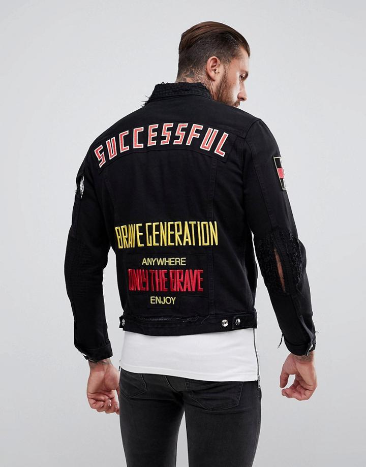 Diesel D-hill Distressed Denim Jacket With Badges - Black