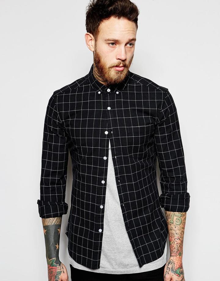 Asos Skinny Shirt In Grid Check With Long Sleeves - Black