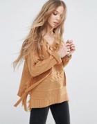 Moon River Long Sleeve Sweater With Side Tie Detail - Brown