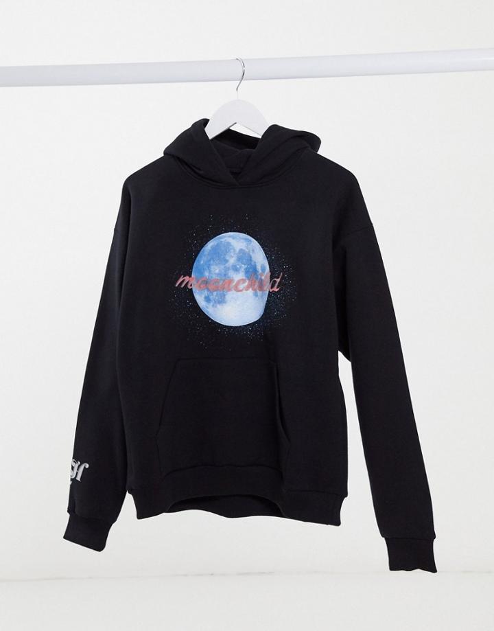 Local Heroes Oversized Hoodie With Moon Child Graphic-black