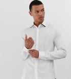 Asos Design Tall Slim Fit Textured Twill Shirt In White With Contrast Tipping