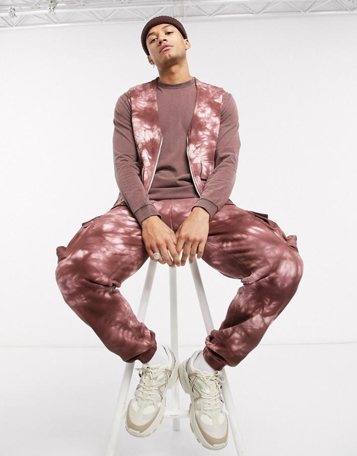 Asos Design Two-piece Jersey Utility Vest In Brown Acid Wash-red