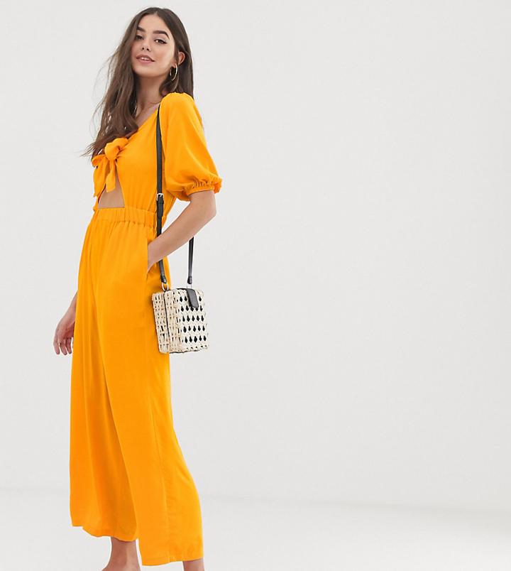 Asos Design Tall Tea Jumpsuit With Puff Sleeve And Tie Detail-yellow