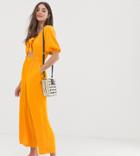 Asos Design Tall Tea Jumpsuit With Puff Sleeve And Tie Detail-yellow