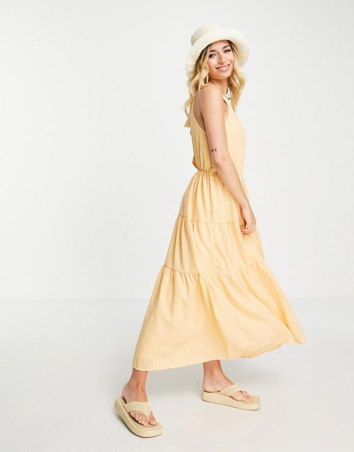 Pieces Recycled Blend Tie Back Tiered Maxi Dress In Orange
