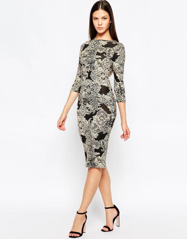 Club L Midi Dress In Brocade Lace Print - Black
