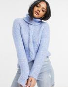 Qed London Roll Neck Cable Knit Sweater In Blue-blues