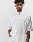 Asos Design Oversized T-shirt With Half Sleeve And Turtle Zip Neck In White - White