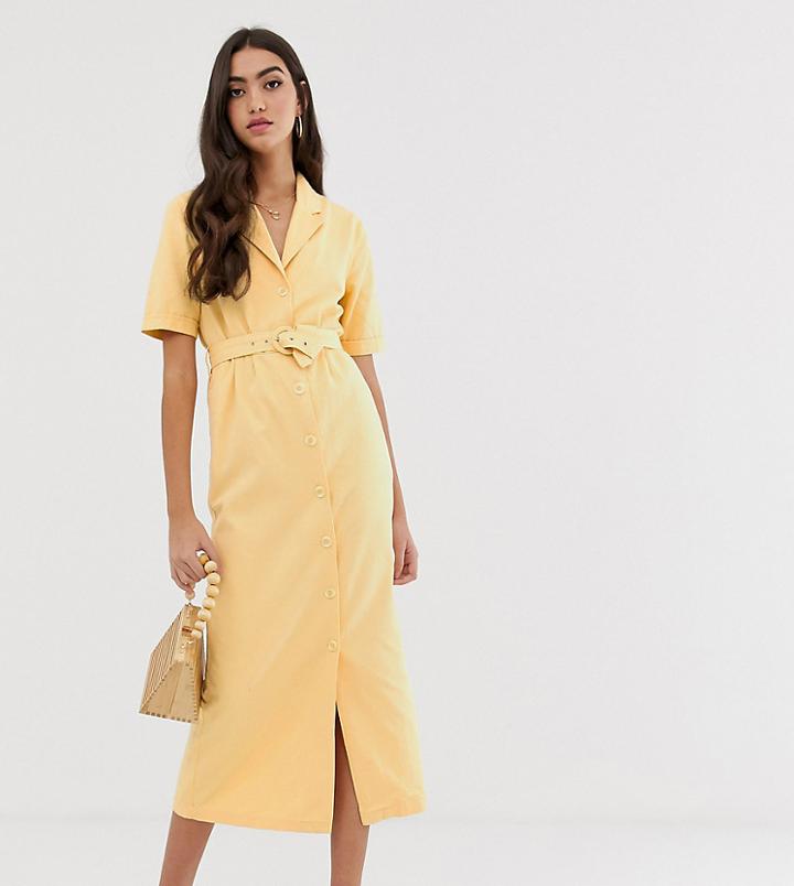 Asos Design Tall Denim Belted Midi Dress In Buttermilk - Stone