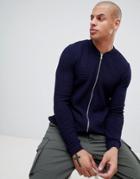 Asos Design Knitted Muscle Fit Bomber Jacket In Navy - Navy