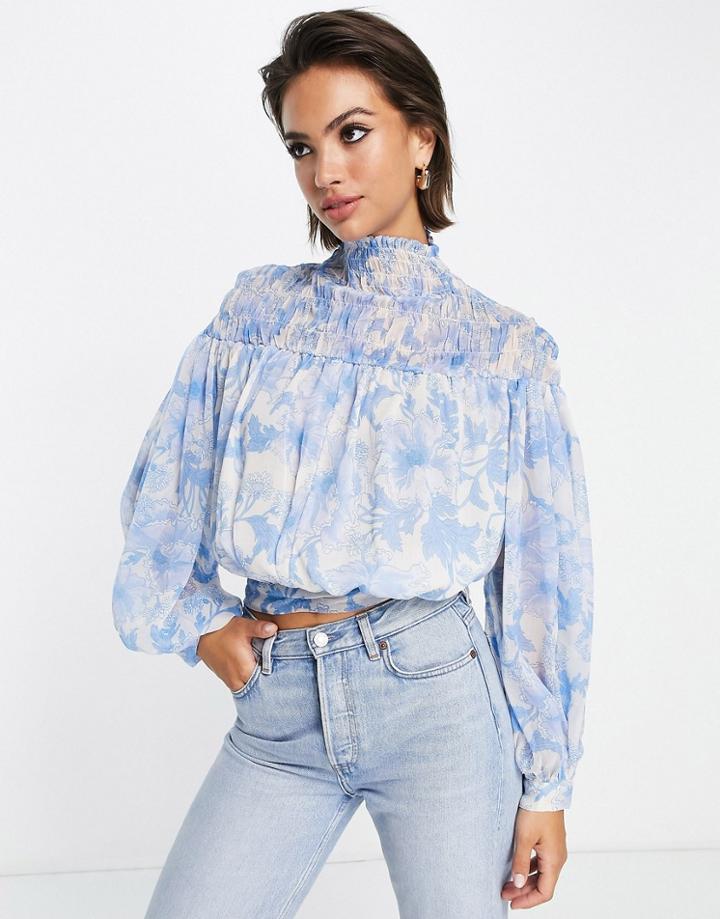 Asos Design High Neck Top With Shirred Neck In Blue Floral Print-multi