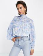 Asos Design High Neck Top With Shirred Neck In Blue Floral Print-multi