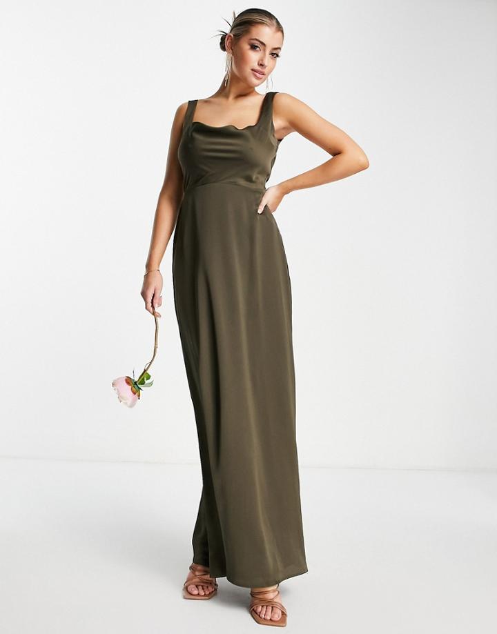 Asos Design Bridesmaid Square Neck Satin Maxi Dress With Cowl Front In Forest-green
