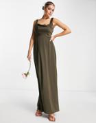 Asos Design Bridesmaid Square Neck Satin Maxi Dress With Cowl Front In Forest-green