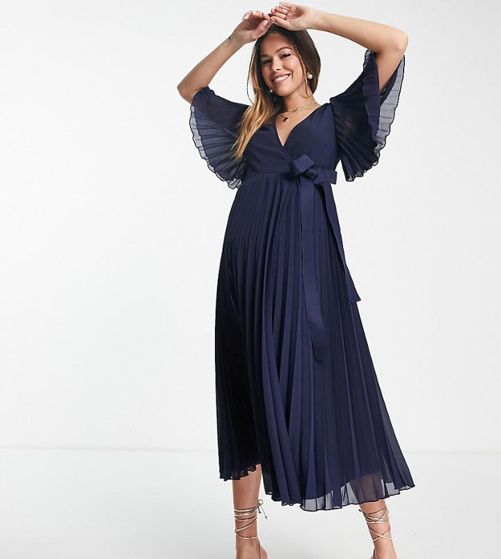 Asos Design Maternity Exclusive Pleated Midi Dress With Kimono Sleeve And Tie Waist-blue
