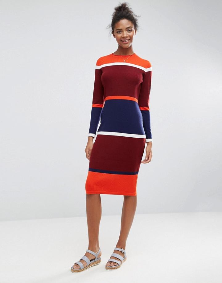 Asos Ribbed Midi Dress With Blocked Stripes - Multi