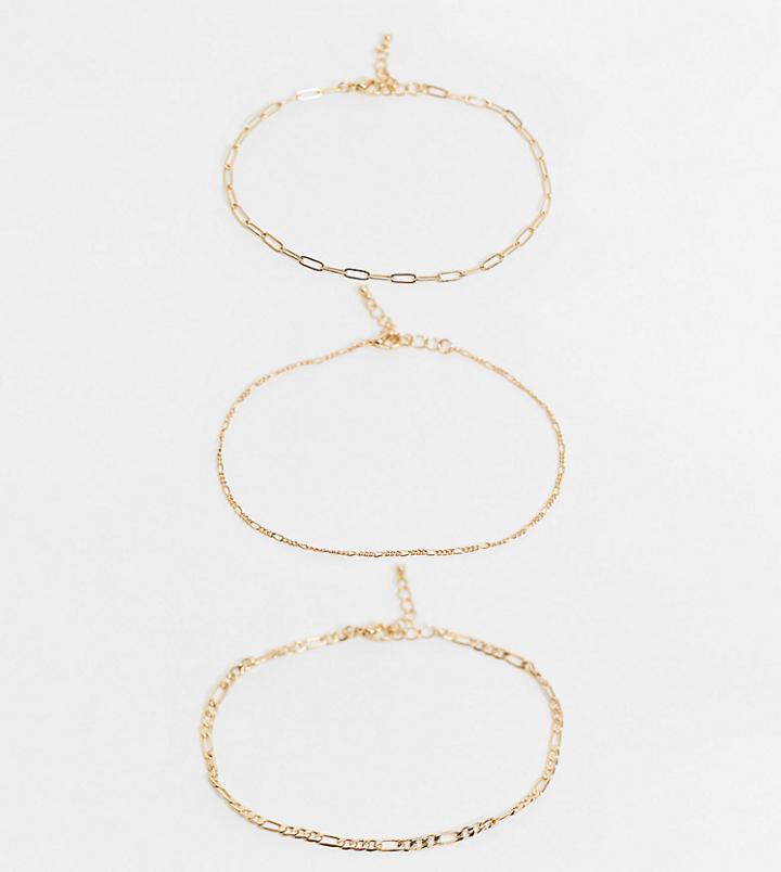 Asos Design Pack Of 3 14k Gold Plated Anklets In Fine Mixed Chain