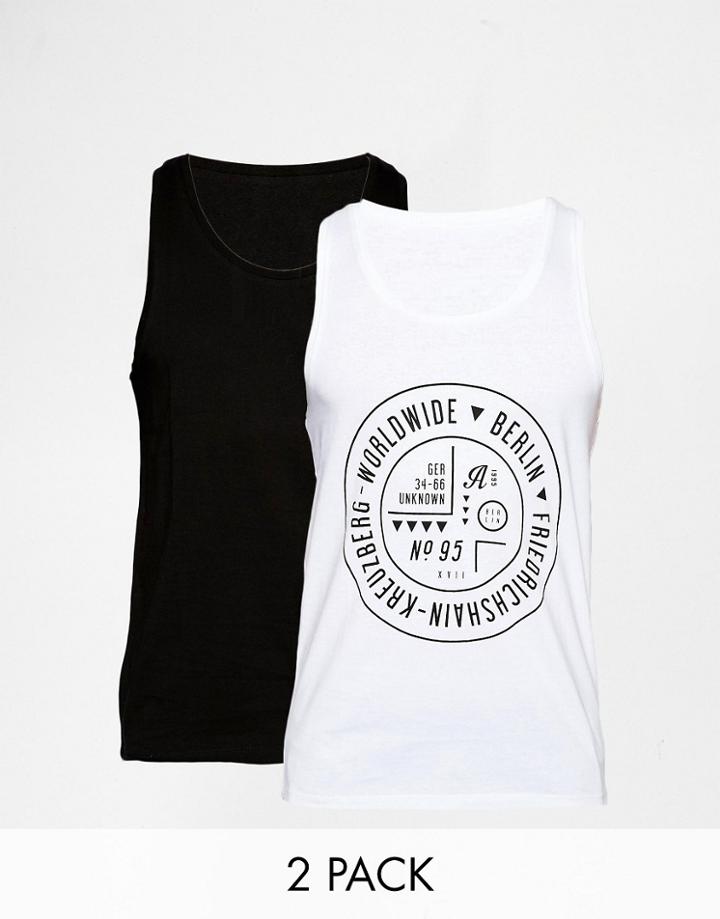 Asos Vest In Plain And Print 2 Pack Save 15% - Monochrome