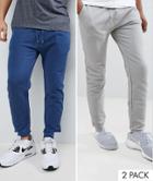 Asos Design Skinny Joggers 2 Pack Light Gray/dark Denim Marl Save - Multi
