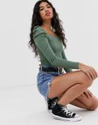 Asos Design Shirred Top With Square Neck And Puff Sleeve - Green
