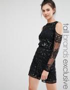 Maya Tall All Over Tonal Sequin Cold Shoulder Top - Black