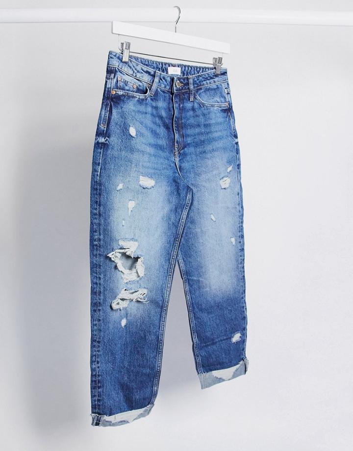 River Island Carrie Ripped Mom Jeans In Mid Blue-blues