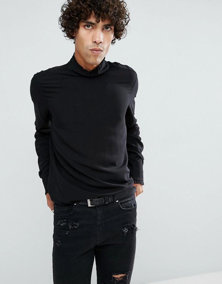 Asos Regular Fit Viscose Shirt With Frill Neck - Black