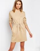 Daisy Street Long Sleeve Sweater Dress With Draw String Waist - Tan
