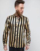 Asos Regular Fit Viscose Stripe Shirt In Gold - Black