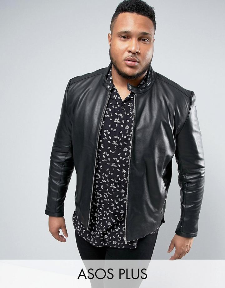 Asos Plus Leather Racing Biker Jacket In Black - Black