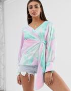 Asos Design Long Sleeve V Neck Top With Drape Front And Cuffs In Tie Dye Print - Multi