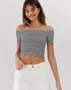 Monki Off Shoulder Cropped T-shirt In Black And White Stripe - Multi